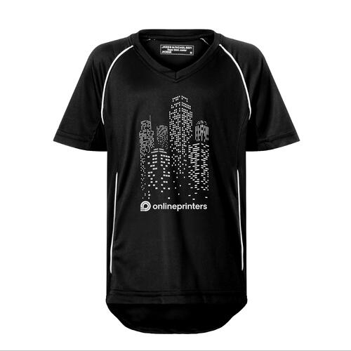 Camiseta de equipo infantil de poli�ster negra y blanca con cuello en V.