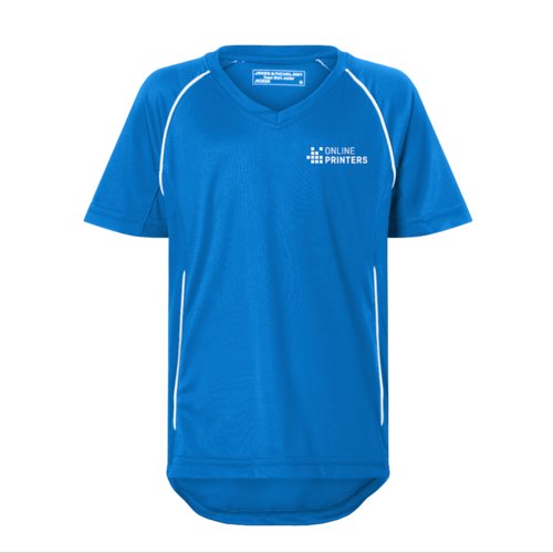 Camiseta de polister azul real/blanca con cuello en V para nios.