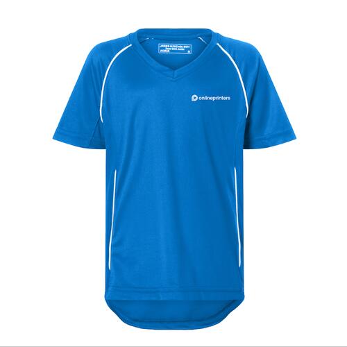 Camiseta de poli�ster azul real/blanca con cuello en V para ni�os.