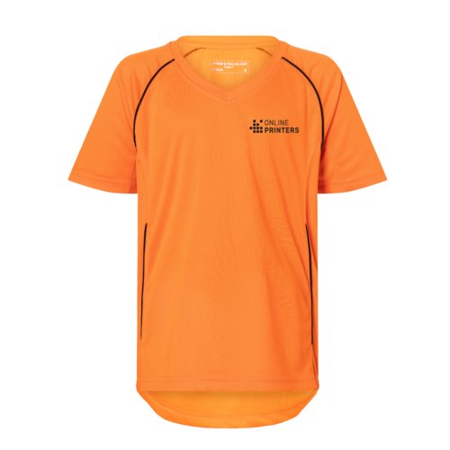 Camiseta naranja de polister para nios con mangas cortas.