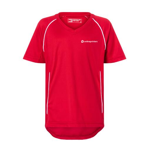 Camiseta roja de poli�ster para ni�os con cuello en V y mangas cortas.