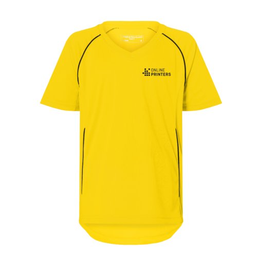 Camiseta de equipo infantil amarilla de polister con cuello en V y manga corta.
