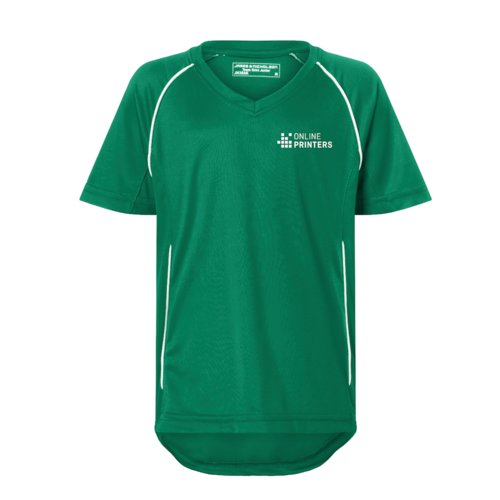 Camiseta deportiva para nios con cuello en V y mangas cortas.