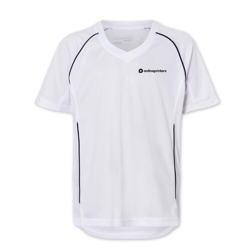 Camiseta blanca de poli�ster con mangas cortas.