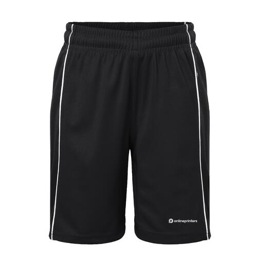 Pantalones cortos negros y blancos de poli�ster para ni�os con cintura el�stica.