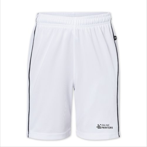 Pantaln corto deportivo blanco de polister para nios con cintura elstica.