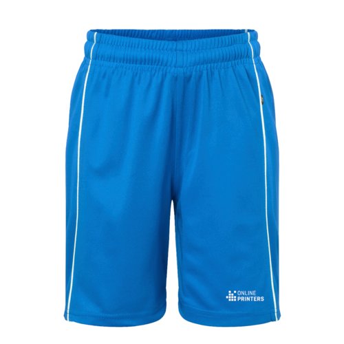 Pantalones cortos de polister azul real con cintura elstica y rayas laterales blancas.