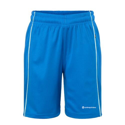Pantalones cortos de poli�ster azul real con cintura el�stica y rayas laterales blancas.