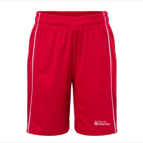 Pantalones cortos rojos de polister con cintura elstica y bandas laterales de contraste.