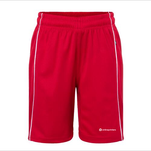 Pantalones cortos rojos de poli�ster con cintura el�stica y bandas laterales de contraste.