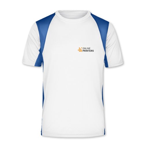 Camiseta funcional blanca/azul de polister con mangas cortas.