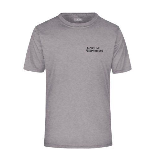 Camiseta de polister gris jaspeado con mangas cortas.