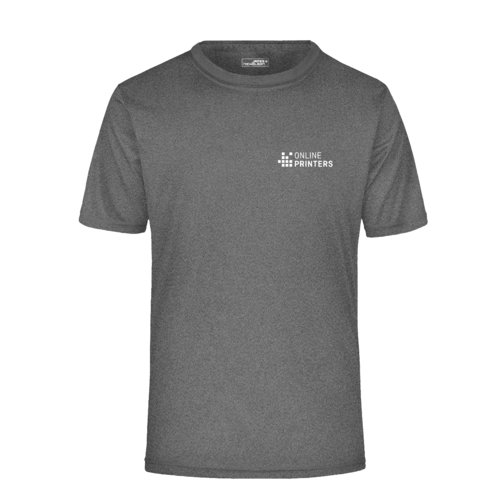 Camiseta de polister jaspeado gris oscuro con mangas cortas.