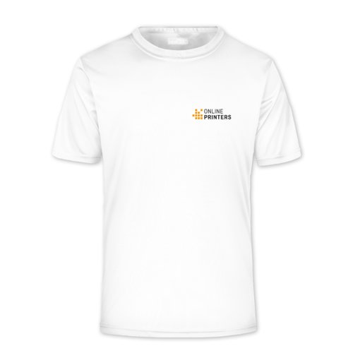 Camiseta blanca de polister para hombre con mangas cortas.