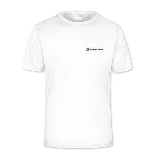 Camiseta blanca de poli�ster para hombre con mangas cortas.