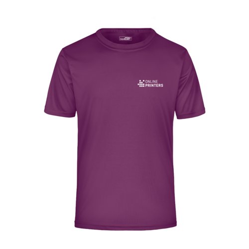 Camiseta de polister violeta para hombre con mangas cortas.