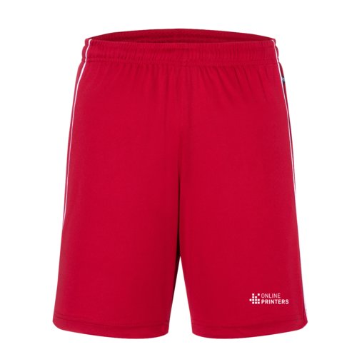 Pantaln corto rojo de polister con cintura elstica y rayas blancas.