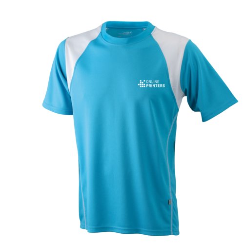 Camiseta de running de polister azul claro y blanco para hombre con mangas cortas.