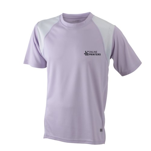 Camiseta de running de polister morada/blanca para hombre con mangas cortas.