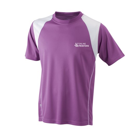 Camiseta de running de polister violeta y blanco para hombre con mangas cortas.