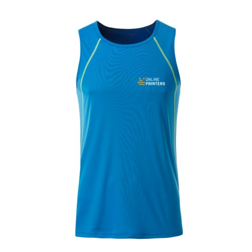 Camiseta de tirantes deportiva de polister azul y amarillo nen para hombre.