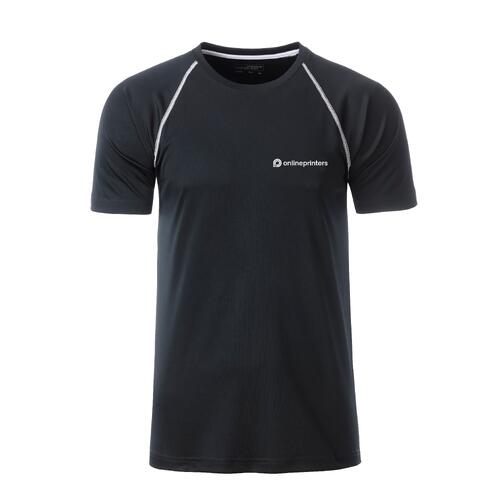 Camiseta deportiva de poli�ster en blanco y negro para hombre con mangas cortas.