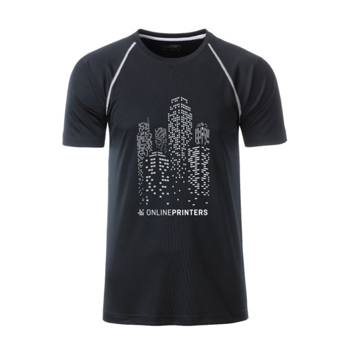 Camiseta deportiva de polister en blanco y negro para hombre con mangas cortas.