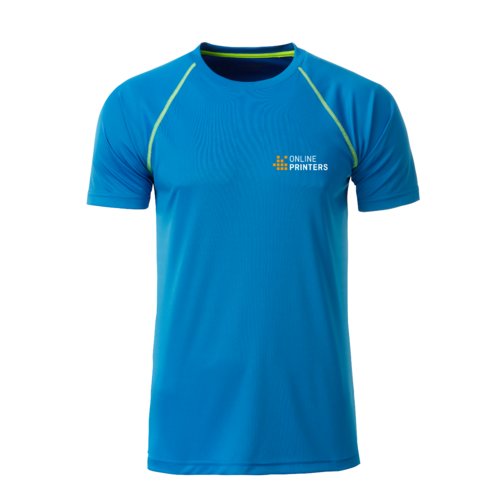 Camiseta azul de polister con mangas cortas.