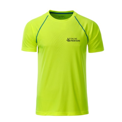 Camiseta deportiva de polister amarillo nen/azul de manga corta para hombre.