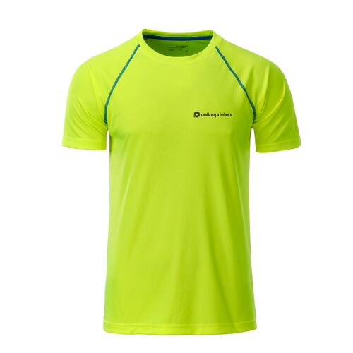 Camiseta deportiva de poli�ster amarillo ne�n/azul de manga corta para hombre.
