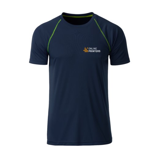Camiseta deportiva azul marino de polister para hombre con mangas cortas.