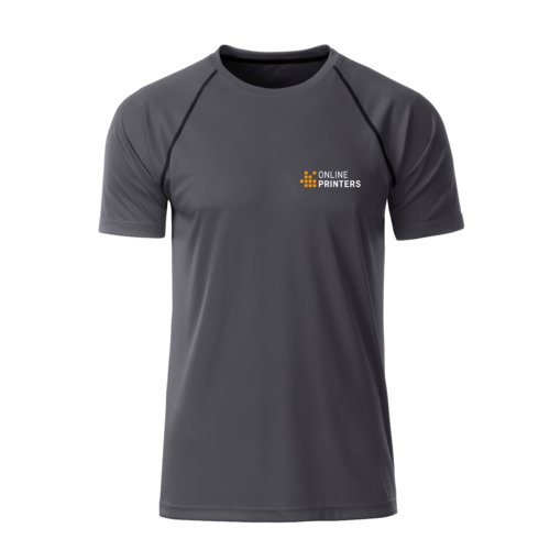 Camiseta deportiva de polister gris oscuro de manga corta para hombre.