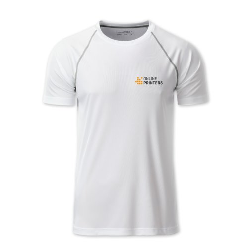 Camiseta blanca de polister para hombre con mangas cortas.
