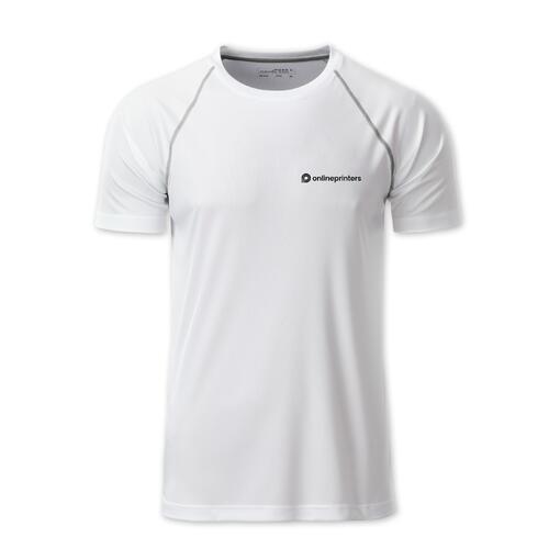 Camiseta blanca de poli�ster para hombre con mangas cortas.