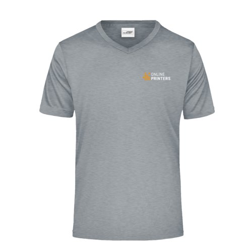 Camiseta de polister gris jaspeado con cuello en V para hombre.