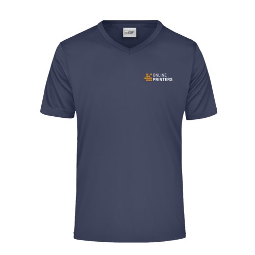 Camiseta azul negruzco de polister con cuello en V y manga corta.