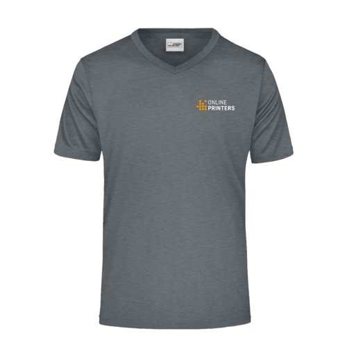 Camiseta de polister gris oscuro jaspeado con cuello en V.