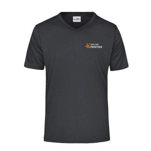 Camiseta negra de polister con cuello en V y mangas cortas.