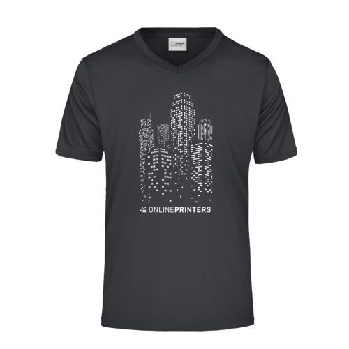 Camiseta negra de polister con cuello en V para hombre y mangas cortas.