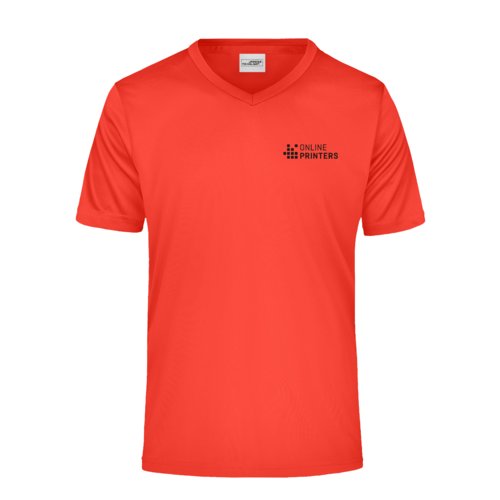 Camiseta roja de polister con cuello en V y mangas cortas.