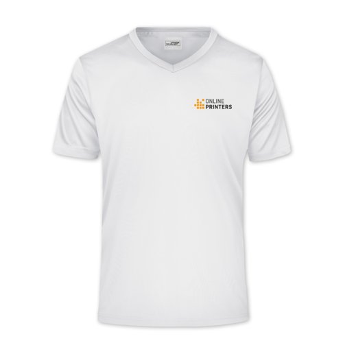 Camiseta blanca de polister con cuello en V y mangas cortas.
