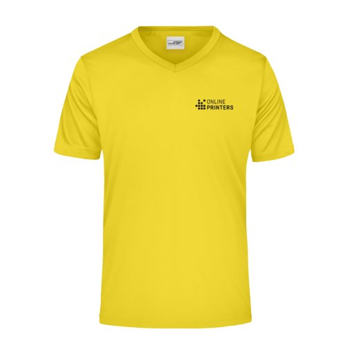Camiseta amarilla de polister con cuello en V y manga corta.