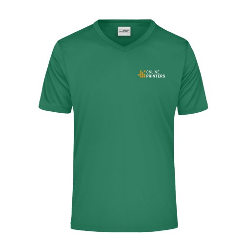 Camiseta verde de material funcional con cuello en V para hombre.