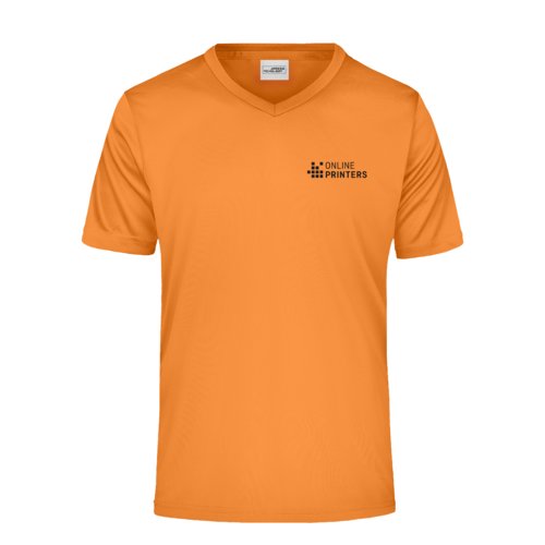 Camiseta naranja de polister con cuello en V para hombre y mangas cortas.