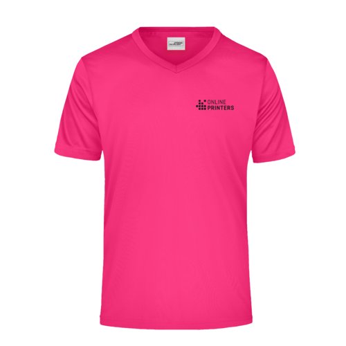 Camiseta rosa de polister con cuello en V para hombre y mangas cortas.