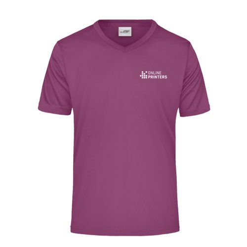 Camiseta de polister violeta con cuello en V para hombre.