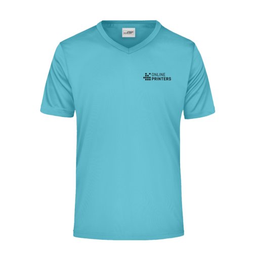 Camiseta turquesa de polister con cuello en V para hombre.
