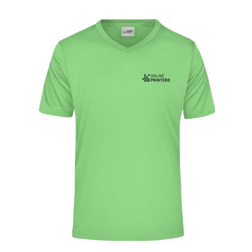 Camiseta verde manzana de polister con cuello en V y mangas cortas.