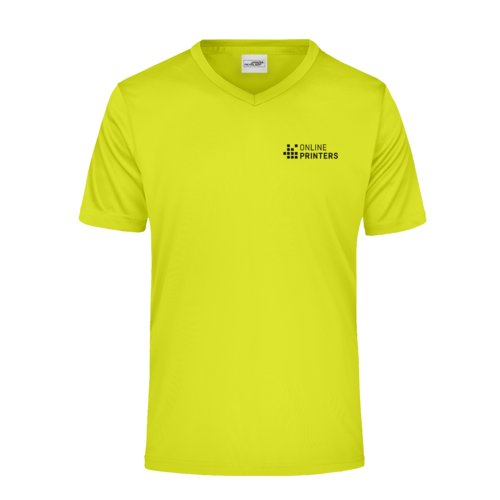 Camiseta de polister amarillo nen con cuello en V para hombre y mangas cortas.