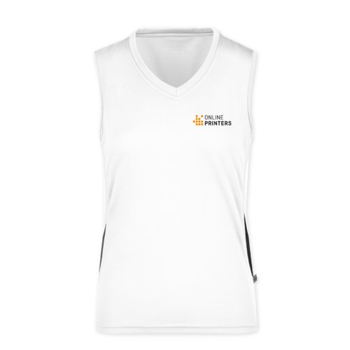 Camiseta de tirantes blanca de tela con cuello en V para mujer.